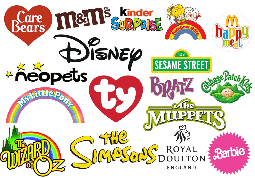 Logos of vintage products, antiques, retro collectibles sold at Flashback in Cambridge, Ontario.